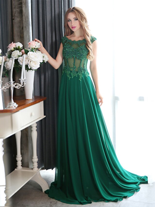  A-Line Keyhole Formal Evening Dress Boat Neck Sleeveless Court Train Chiffon with Beading Appliques 2020