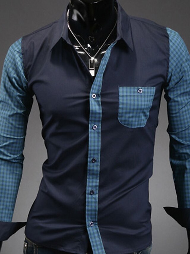  Homens Camisa Social Simples Sólido Colarinho Clássico Azul Marinho / Primavera / Outono / Manga Longa