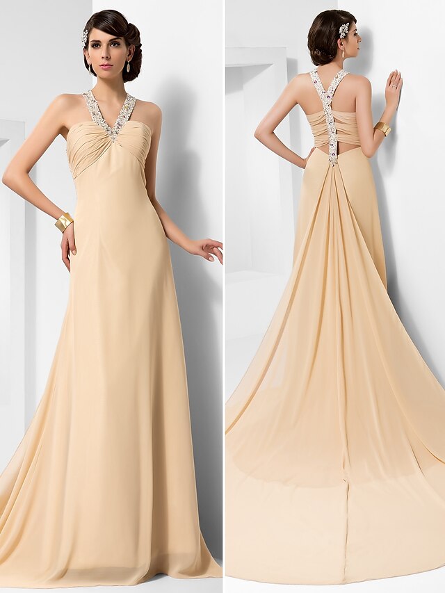  Ball Gown Straps Court Train Chiffon Beautiful Back Formal Evening Dress with Beading / Draping / Side Draping by TS Couture®