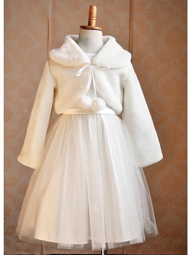  Kids‘ Faux Fur White Coat Shawls Flower Girl Wraps Winter Cute Keep Warm Long Sleeve Faux Fur Wedding Wraps With Pom Poms For Wedding