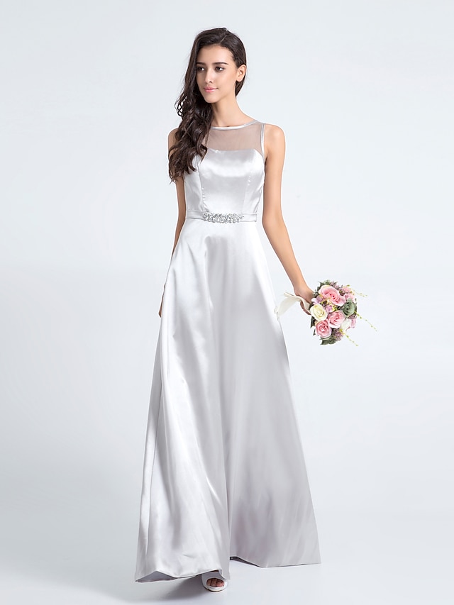  Sheath / Column Bridesmaid Dress Scoop Neck Sleeveless Elegant Floor Length Satin with Pleats
