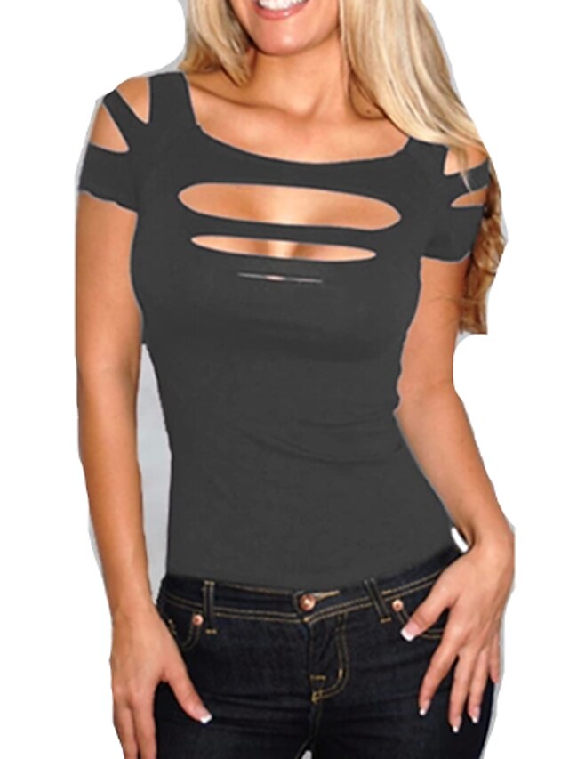  Women's Off The Shoulder/Cut Out Sexy Casual Cute Plus Sizes Micro Elastic Short Sleeve Regular T-shirt (Cotton)