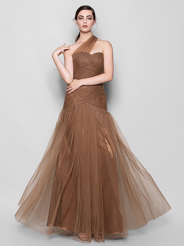  Fit & Flare Bridesmaid Dress One Shoulder Sleeveless Elegant Floor Length Tulle with Criss Cross