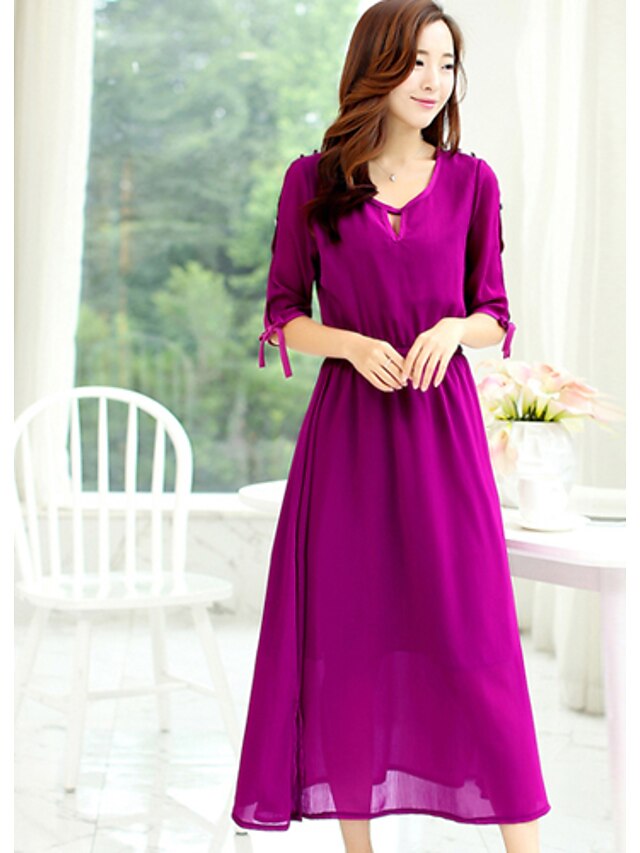  Robe Femme Sortie Couleur Pleine Col Arrondi Midi Manches Courtes Toutes les Saisons Micro-élastique Moyen