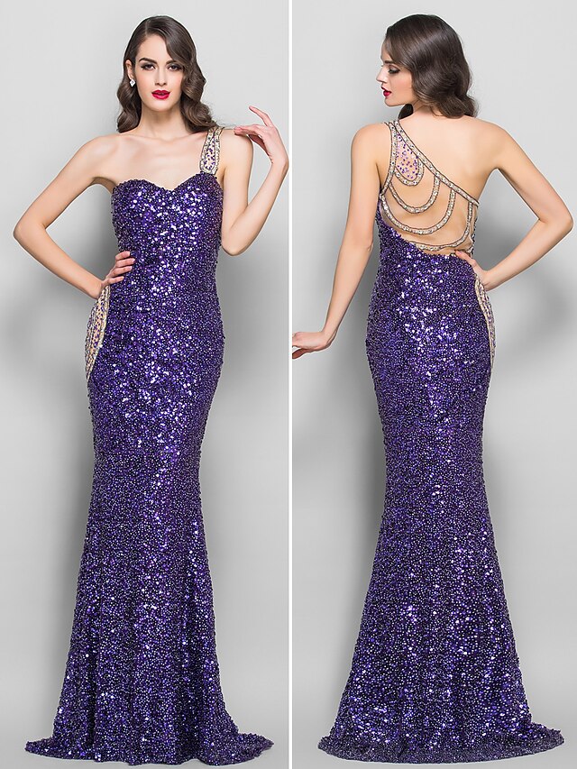  Mermaid / Trumpet Beautiful Back Beaded & Sequin Prom Formal Evening Military Ball Dress One Shoulder Sleeveless Sweep / Brush Train Sequined Jersey with Crystals Sequin 2020