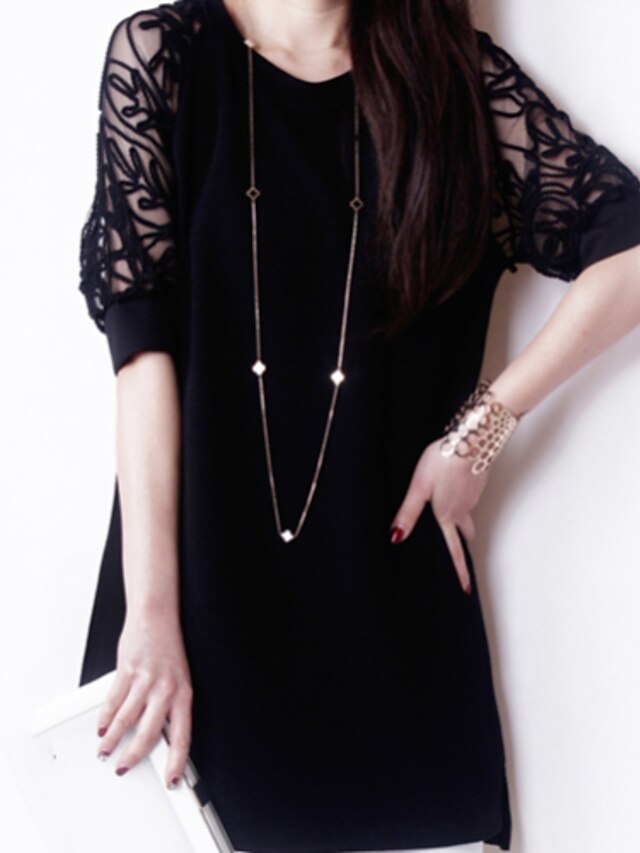  Γυναικεία Φόρεμα ριχτό Μίνι φόρεμα Μαύρο Μονόχρωμο Δαντέλα Άνοιξη Καλοκαίρι Στρογγυλή Λαιμόκοψη Εκλεπτυσμένο L XL