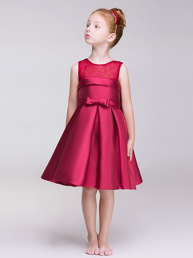  A-Line Knee Length Flower Girl Dress - Polyester Sleeveless Jewel Neck with Bow(s) Sash / Ribbon Pleats by LAN TING BRIDE®