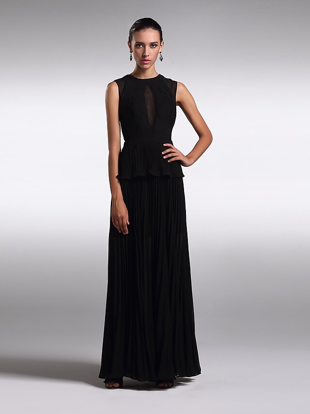  Sheath / Column Jewel Neck Floor Length Chiffon Formal Evening Dress with Pleats by LAN TING Express