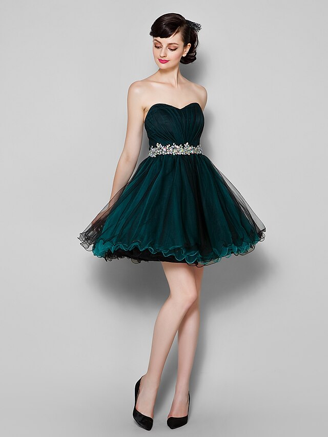  A-Line Plus Size Dress Holiday Knee Length Sleeveless Sweetheart Neckline Tulle with Side Draping 2022