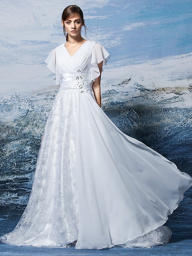  A-Line Wedding Dresses V Neck Sweep / Brush Train Chiffon Short Sleeve Floral Lace with Sash / Ribbon Beading Appliques 2020