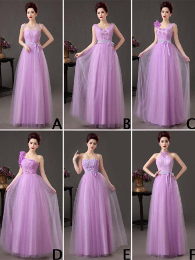  ミックス& 試合のドレスの床長さのチュール6スタ​​イルの花嫁介添人ドレス(3789797)