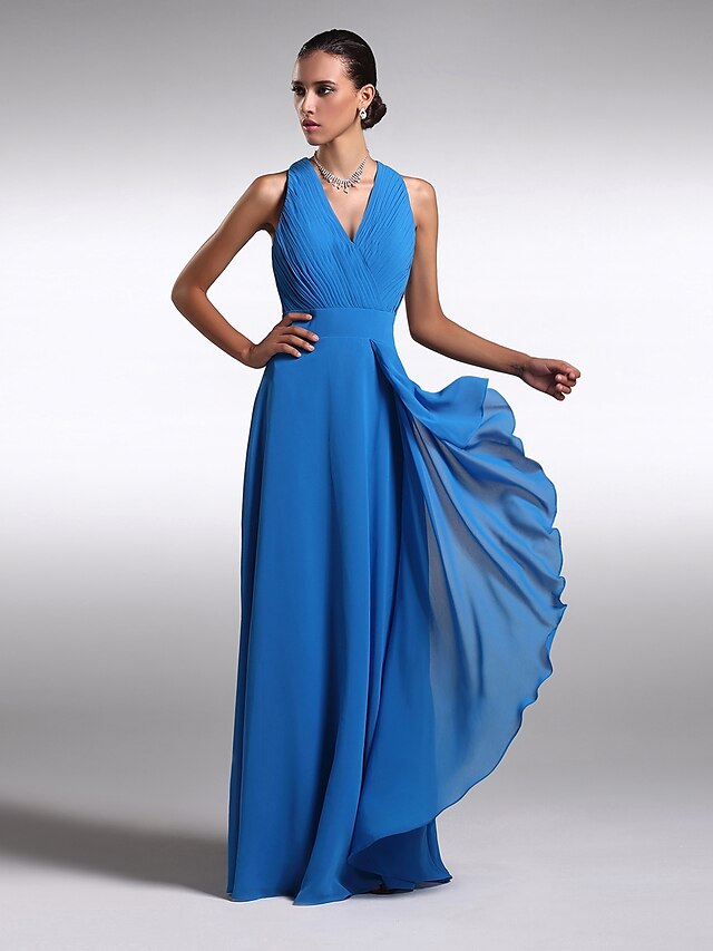  Sheath / Column V Neck Floor Length Chiffon / Charmeuse Bridesmaid Dress with Criss Cross by LAN TING BRIDE® / Open Back