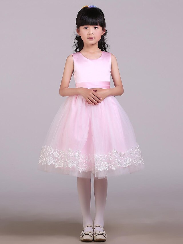  A-Line Knee Length Flower Girl Dress - Satin / Tulle Sleeveless Jewel Neck with Bow(s) / Sash / Ribbon by