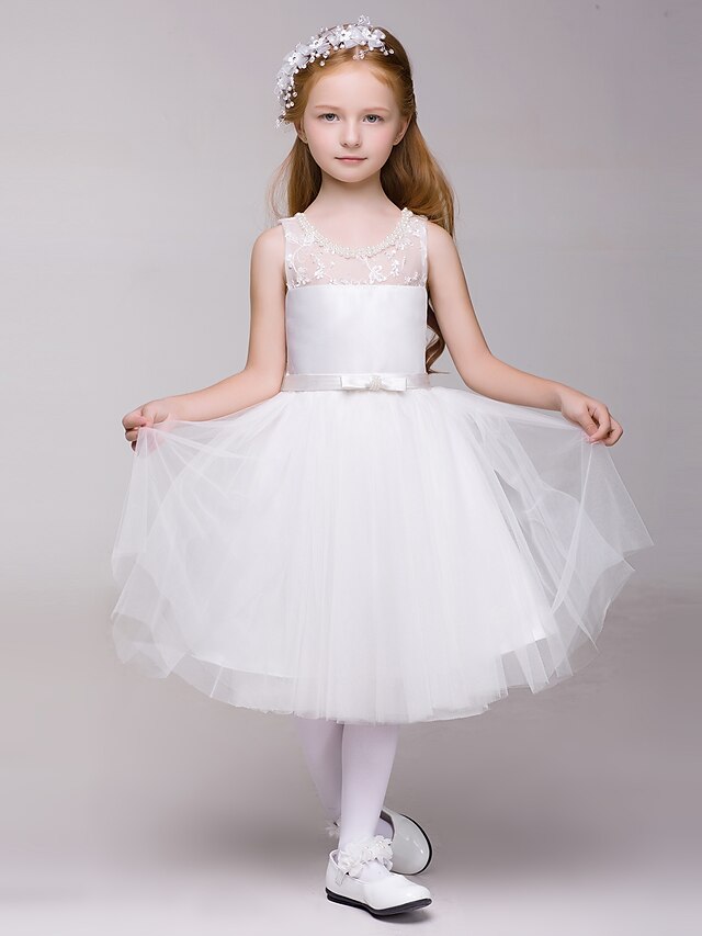  A-line Knee-length Flower Girl Dress - Tulle / Polyester Sleeveless Jewel with