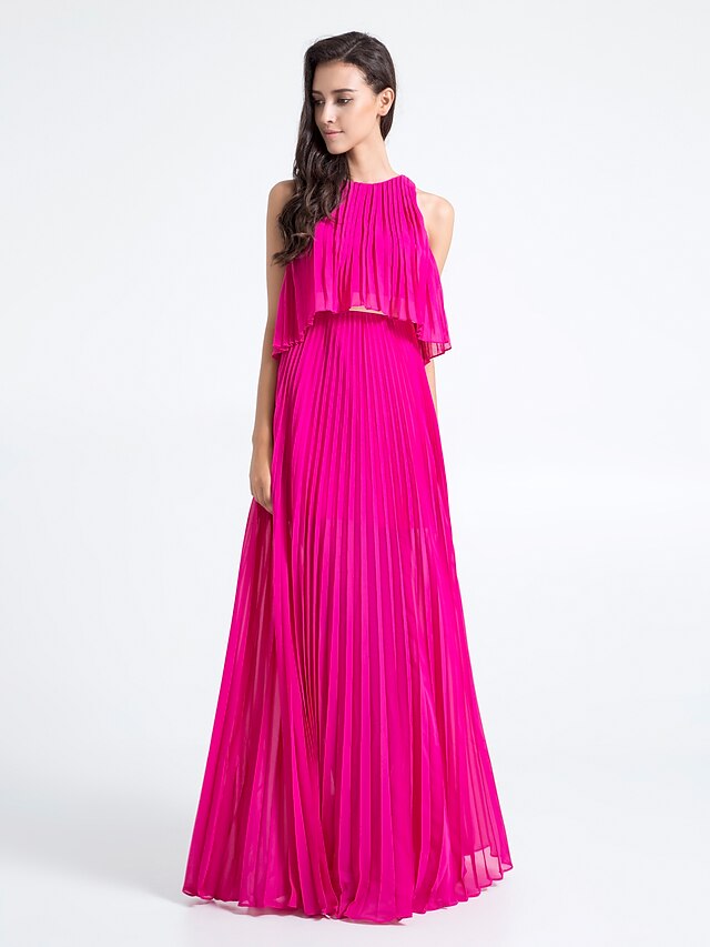  Sheath / Column Jewel Neck Floor Length Chiffon Bridesmaid Dress with Draping by LAN TING BRIDE® / Two Piece