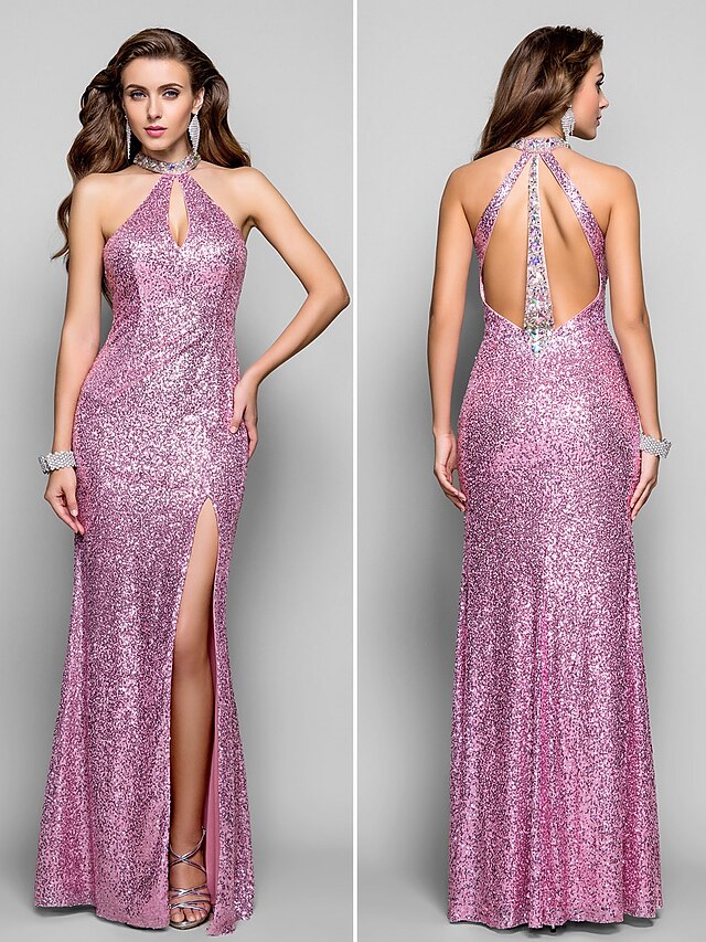  Sheath / Column Beautiful Back Prom Formal Evening Military Ball Dress High Neck Sleeveless Floor Length Sequined with Crystals Beading Split Front 2020