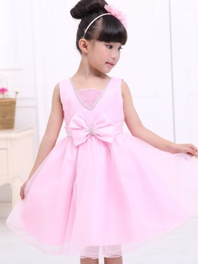  A-line Tea-length Flower Girl Dress - Satin / Tulle Sleeveless V-neck with