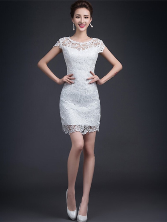  Sheath / Column Wedding Dresses Jewel Neck Short / Mini Lace Sleeveless Little White Dress with Lace 2020
