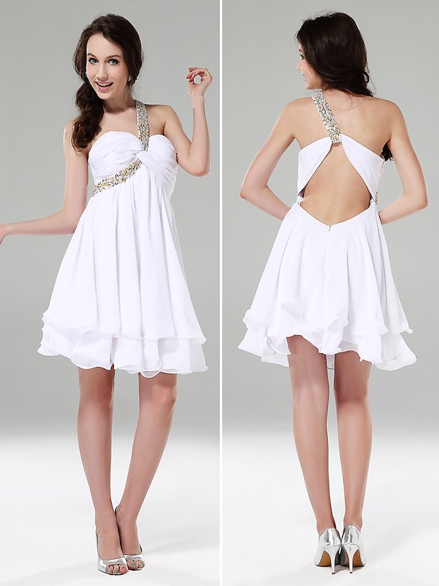  Robe de Soirée Jolis Dos Vacances L'obtention du diplôme Soirée Cocktail Robe Une Epaule Coeur Sans Manches Courte / Mini Mousseline de soie Satin extensible avec Croisé Billes Drapée 2021