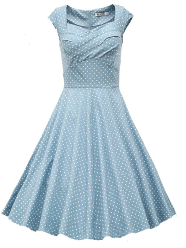  Women's Daily Loose Sheath Skater Dress - Polka Dot Pleated Spring Blue Light Blue