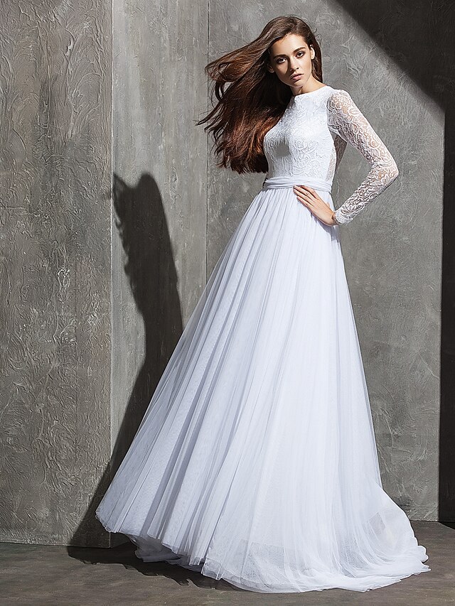  A-Line Wedding Dresses Jewel Neck Sweep / Brush Train Tulle Lace Bodice Long Sleeve See-Through with Sash / Ribbon Button 2022