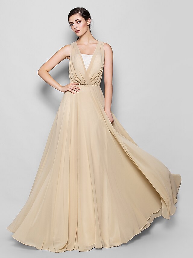  A-Line Bridesmaid Dress Strapless / V Neck Sleeveless Elegant Floor Length Chiffon with Lace