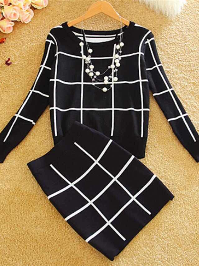  Women's Casual / Daily Vintage Check Long Sleeve Regular Dress, Round Neck Winter Cotton Black / Red / Blue / Bodycon