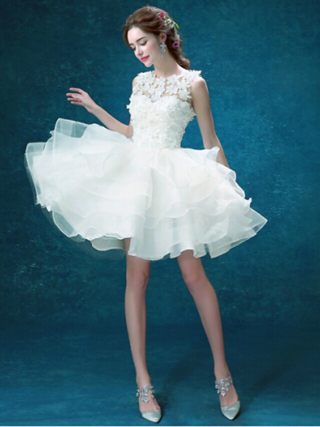  A-Line Jewel Neck Short / Mini Organza / Tulle Made-To-Measure Wedding Dresses with Beading / Appliques by LAN TING Express / Little White Dress