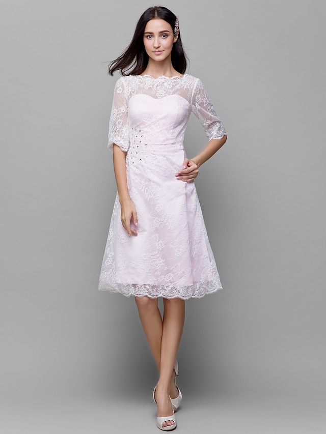  A-Line Bateau Neck Knee Length Lace / Satin Bridesmaid Dress with Lace / Beading