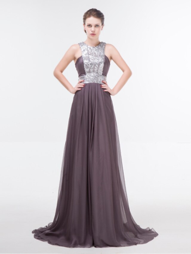  Sheath / Column Dress Jewel Neck Floor Length Chiffon with Crystals Sequin 2020