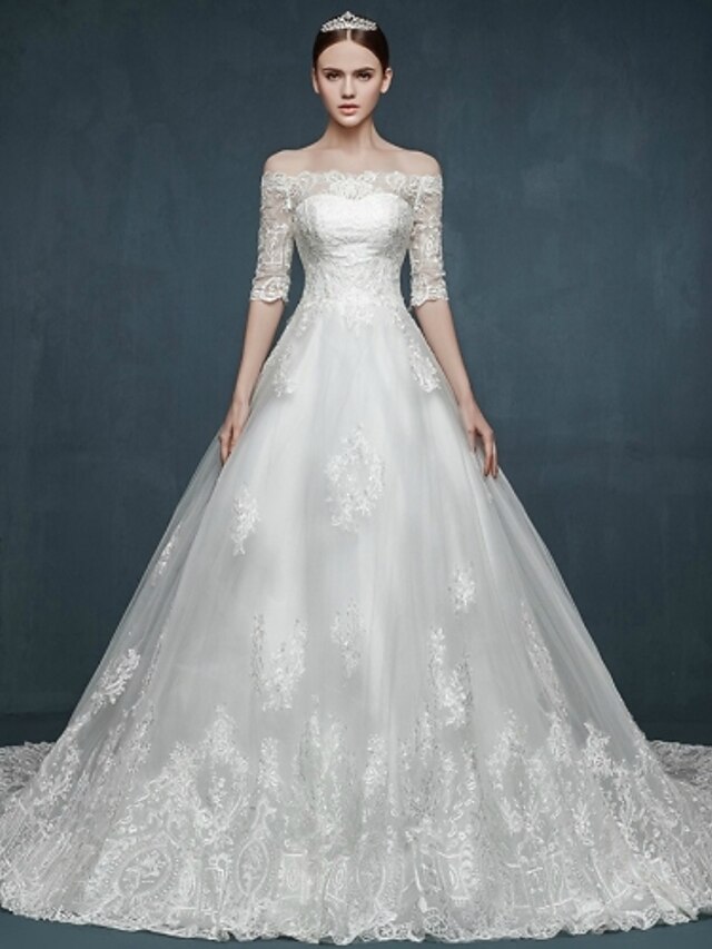  A-Line Off Shoulder Chapel Train Tulle Made-To-Measure Wedding Dresses with Appliques by