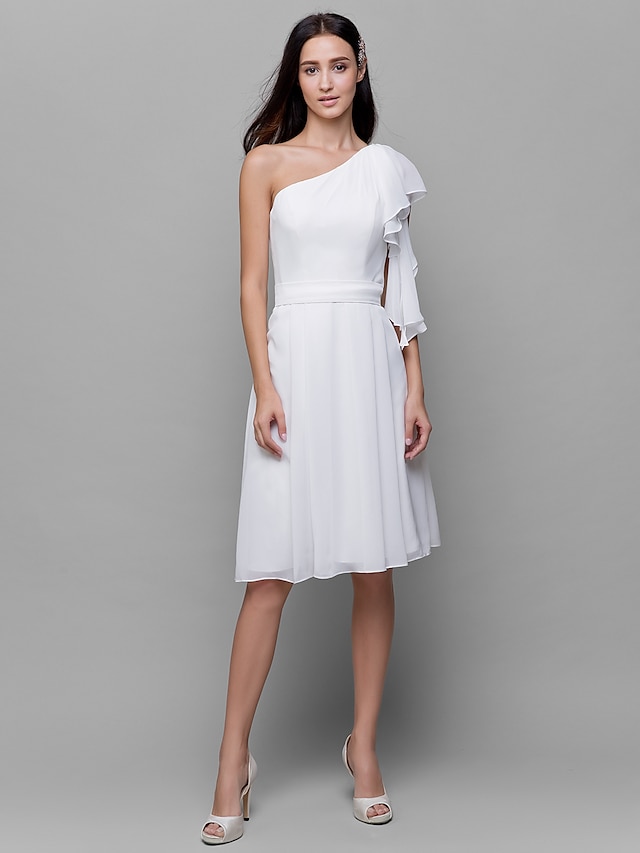  A-Line Bridesmaid Dress One Shoulder Sleeveless Knee Length Chiffon with Sash / Ribbon / Pleats
