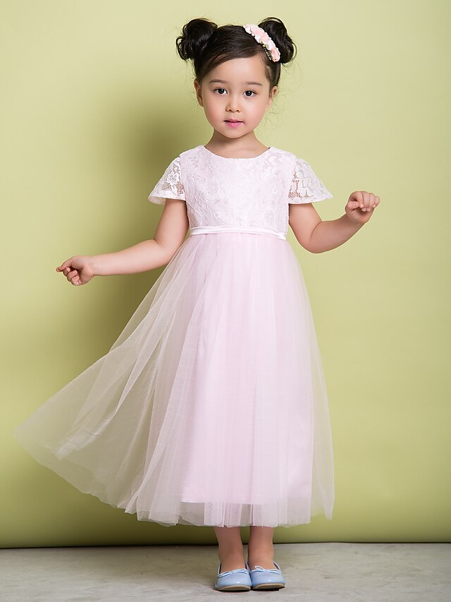  A-Line Ankle Length Flower Girl Dress - Lace / Tulle Short Sleeve Jewel Neck with Lace by LAN TING BRIDE®