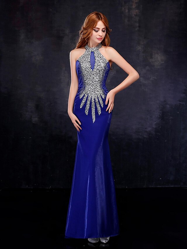  Sheath / Column High Neck Floor Length Tulle Sparkle & Shine Formal Evening Dress with Crystals by LAN TING Express