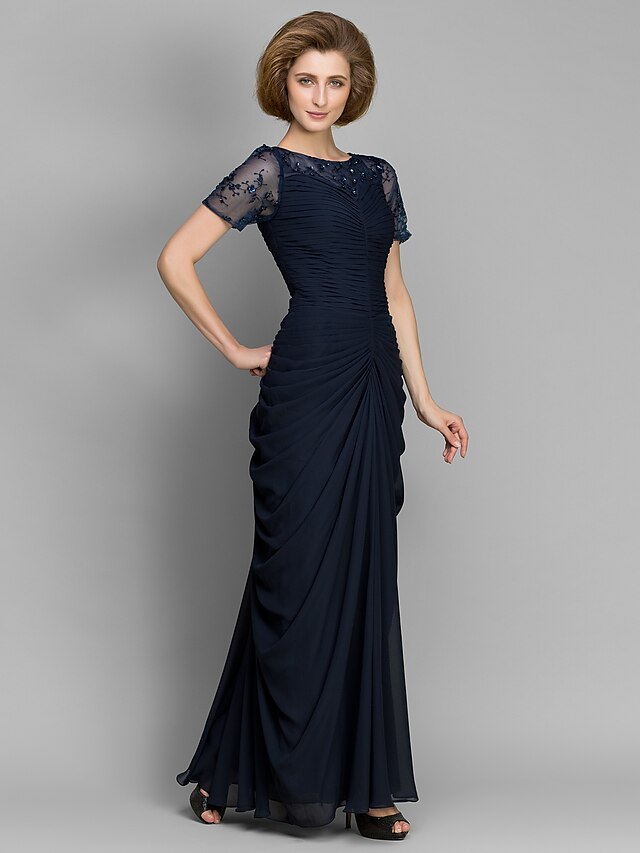  Sheath / Column Bateau Neck Floor Length Chiffon Mother of the Bride Dress with Beading / Ruched by LAN TING BRIDE®