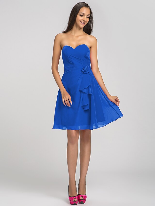  A-Line Sweetheart Short / Mini Chiffon Bridesmaid Dress with Flower Cascading Ruffles Side Draping by