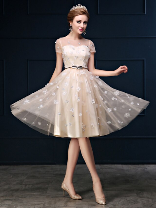  A-Line See Through Dress Jewel Neck Sleeveless Knee Length Tulle Charmeuse with Sash / Ribbon Flower 2020