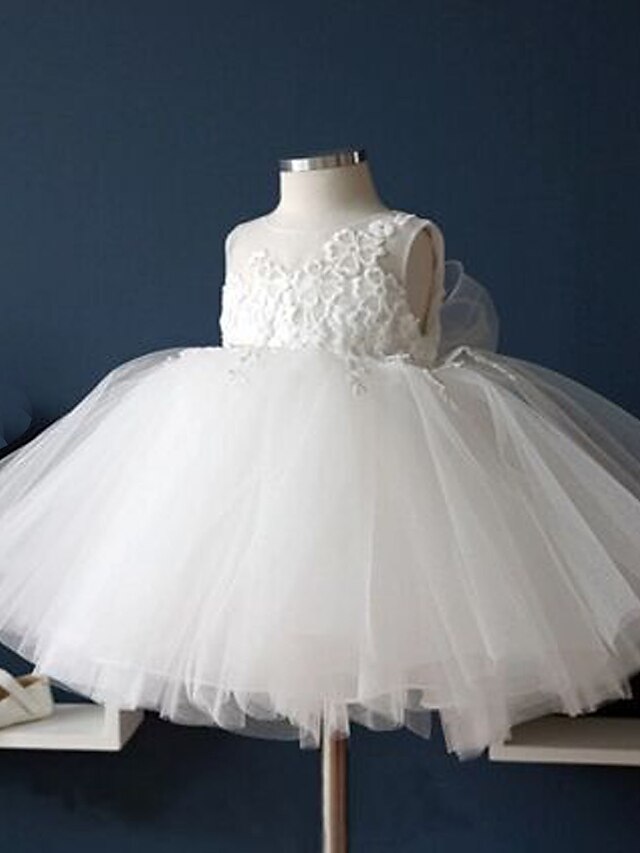  Ball Gown Tea Length Flower Girl Dress - Cotton / Lace / Tulle Sleeveless Jewel Neck with Lace by LAN TING Express