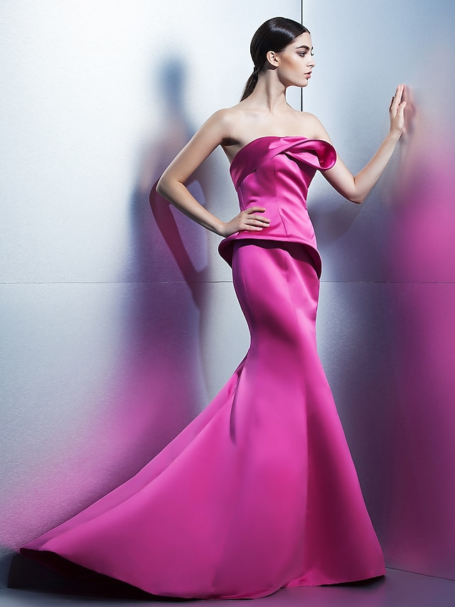  Mermaid / Trumpet Elegant Formal Evening Dress Strapless Sleeveless Sweep / Brush Train Satin with Flower 2020