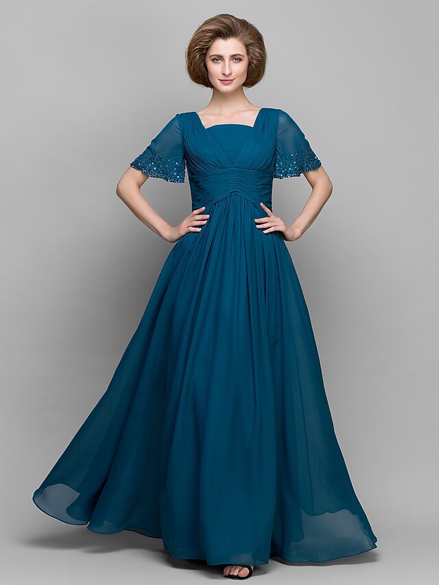  A-Line Mother of the Bride Dress Vintage Inspired Square Neck Ankle Length Chiffon Short Sleeve with Criss Cross Beading 2020