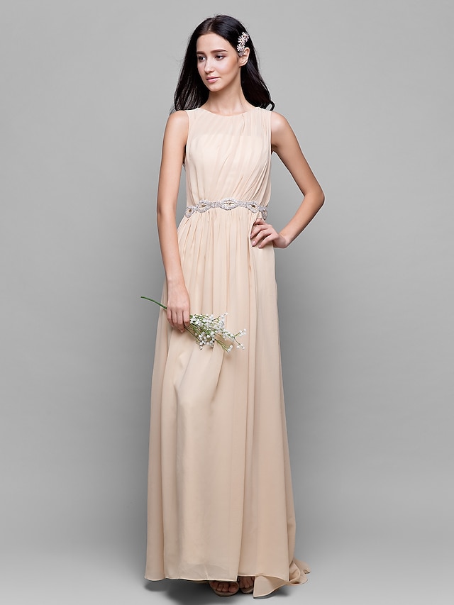  Платье-футляр/колонна для подружки невесты с овальным вырезом, без рукавов, элегантное, длиной до пола, шифоновое с драпировкой