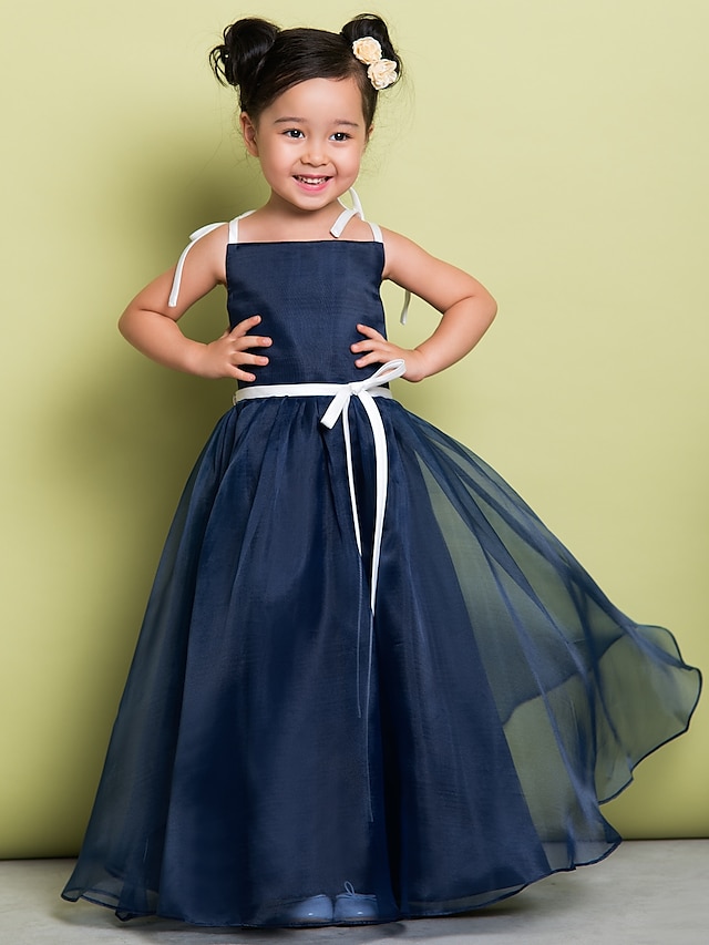  A-Line Floor Length Flower Girl Dress - Organza Sleeveless Spaghetti Strap with Bow(s) by LAN TING BRIDE®