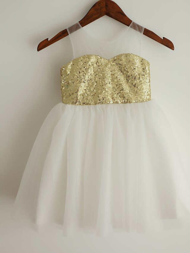  Princess Knee Length Flower Girl Dress - Satin Tulle Sequined Sleeveless Scoop Neck with Sequin