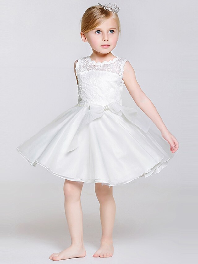  A-Line Knee Length Flower Girl Dress - Polyester / Lace / Tulle Sleeveless Jewel Neck with Bow(s) / Sash / Ribbon by LAN TING BRIDE®