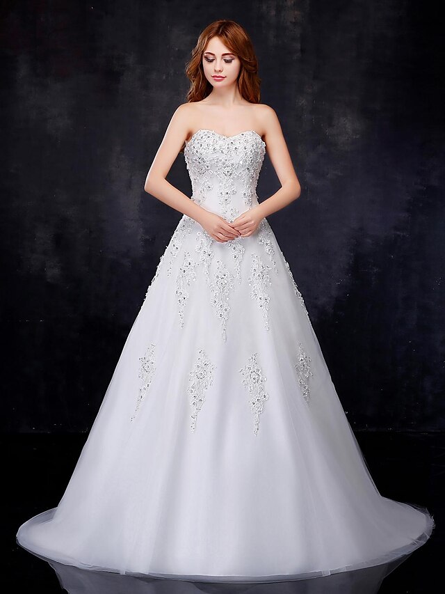  Esküvői ruhák A-vonalú Szív-alakú Ujjatlan Udvariuszály Szatén Menyasszonyi ruhák Val vel Gyöngydíszítés Rátétek 2023 nyár Esküvő, női ruházat