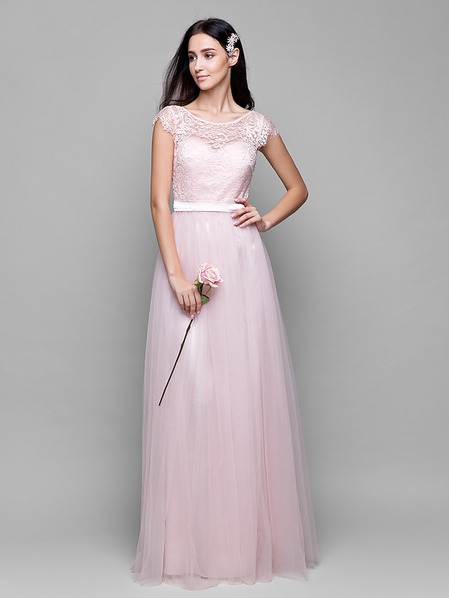  A-Line Scoop Neck Floor Length Lace Over Tulle Bridesmaid Dress with Lace