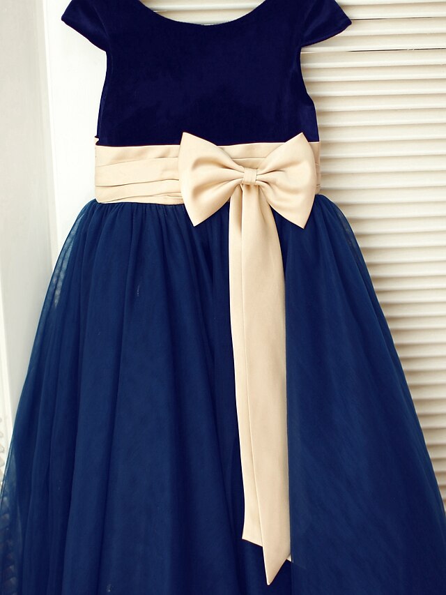  A-Line Tea Length Flower Girl Dress - Tulle Velvet Short Sleeves Scoop Neck with Bow(s) Sash / Ribbon by LAN TING BRIDE®