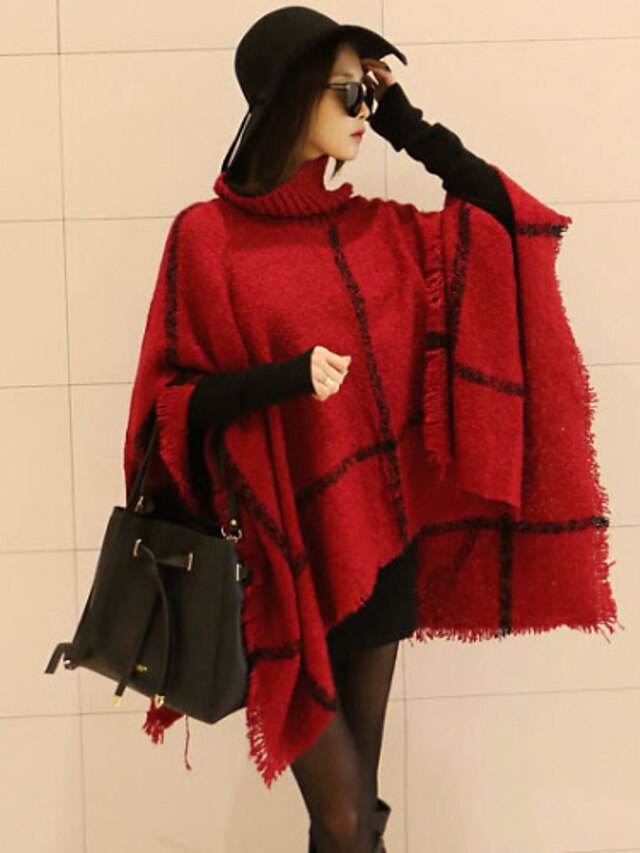  Women's Going out Basic Oversized Cloak / Capes - Plaid, Tassel / Spring / Fall
