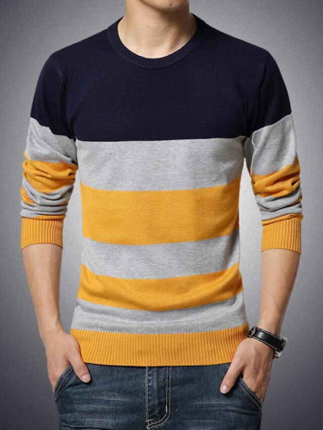  Men's Casual / Daily Striped Long Sleeve Plus Size Regular Pullover Sweater Jumper Red / Navy Blue / Gray M / L / XL