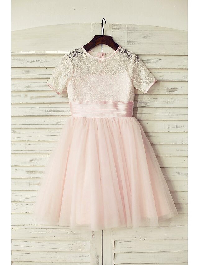  A-Line Knee Length Flower Girl Dress - Lace / Tulle Short Sleeve Jewel Neck with Sash / Ribbon by